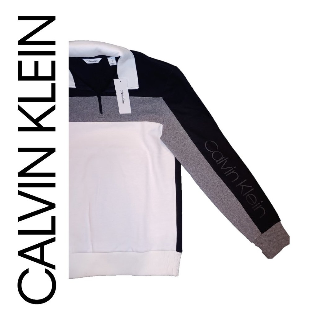 🆕 Calvin Klein Quarter Zip Sweater, M, Black/Gray/White